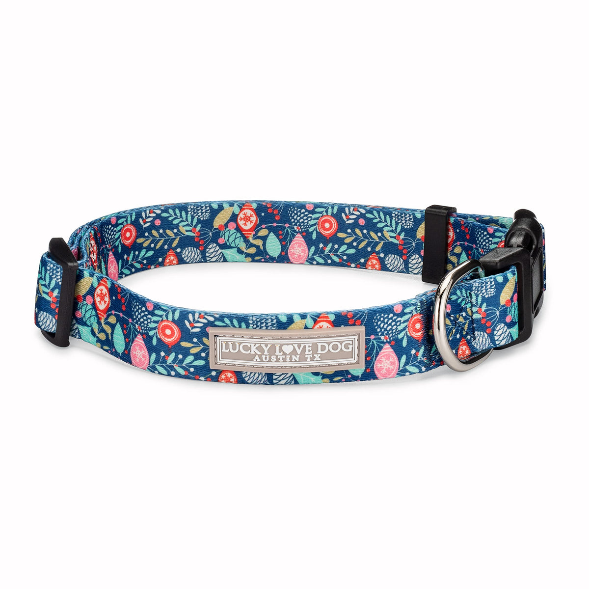 Lucky Love Dog Sweet Holiday collar close-up shows durable adjustable buckle for secure fit.