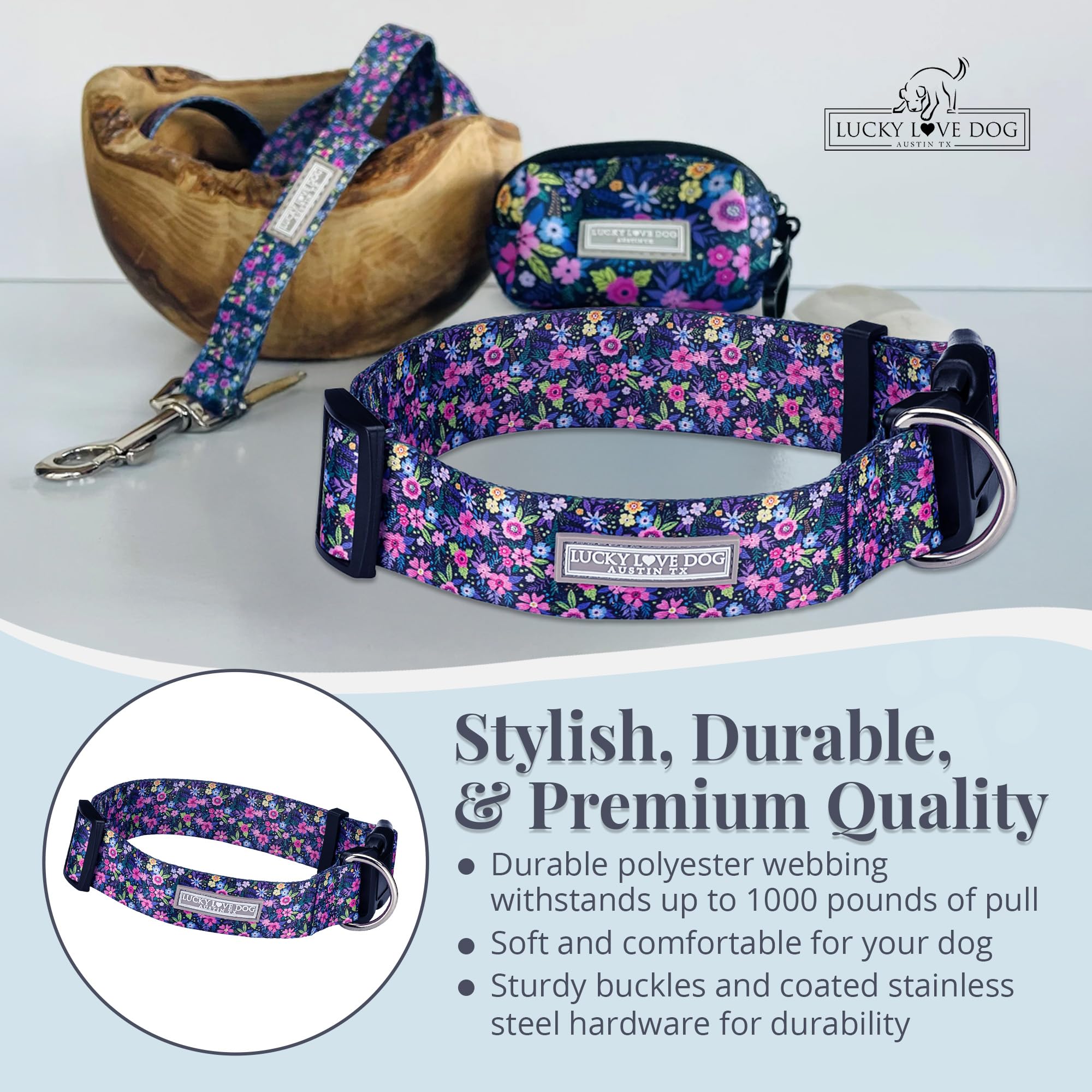 Lucky Love Dog wide collar Primrose with durable buckle suitable for daily walks.