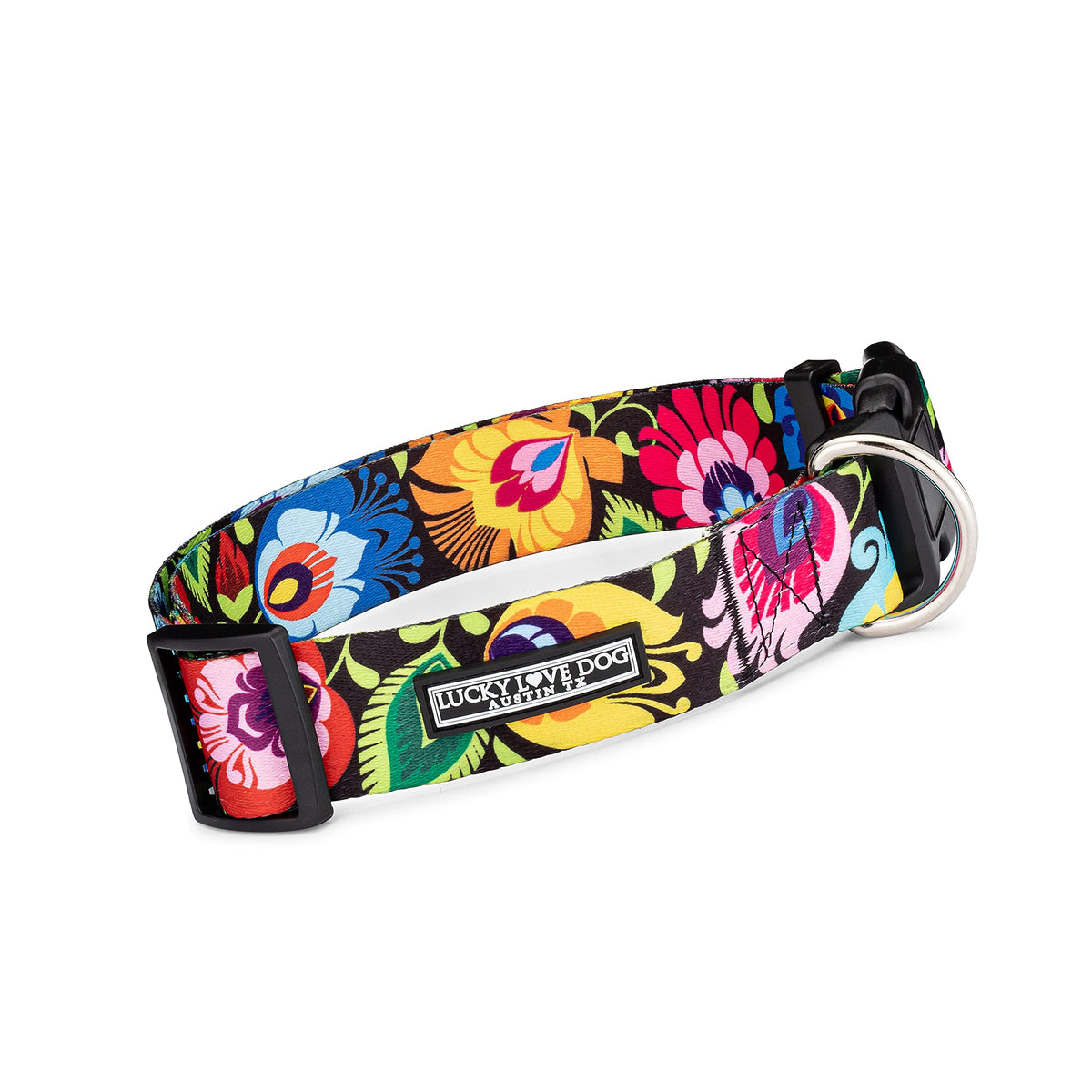 Lucky Love Dog wide collar buckle closeup shows durable hardware for daily walks.