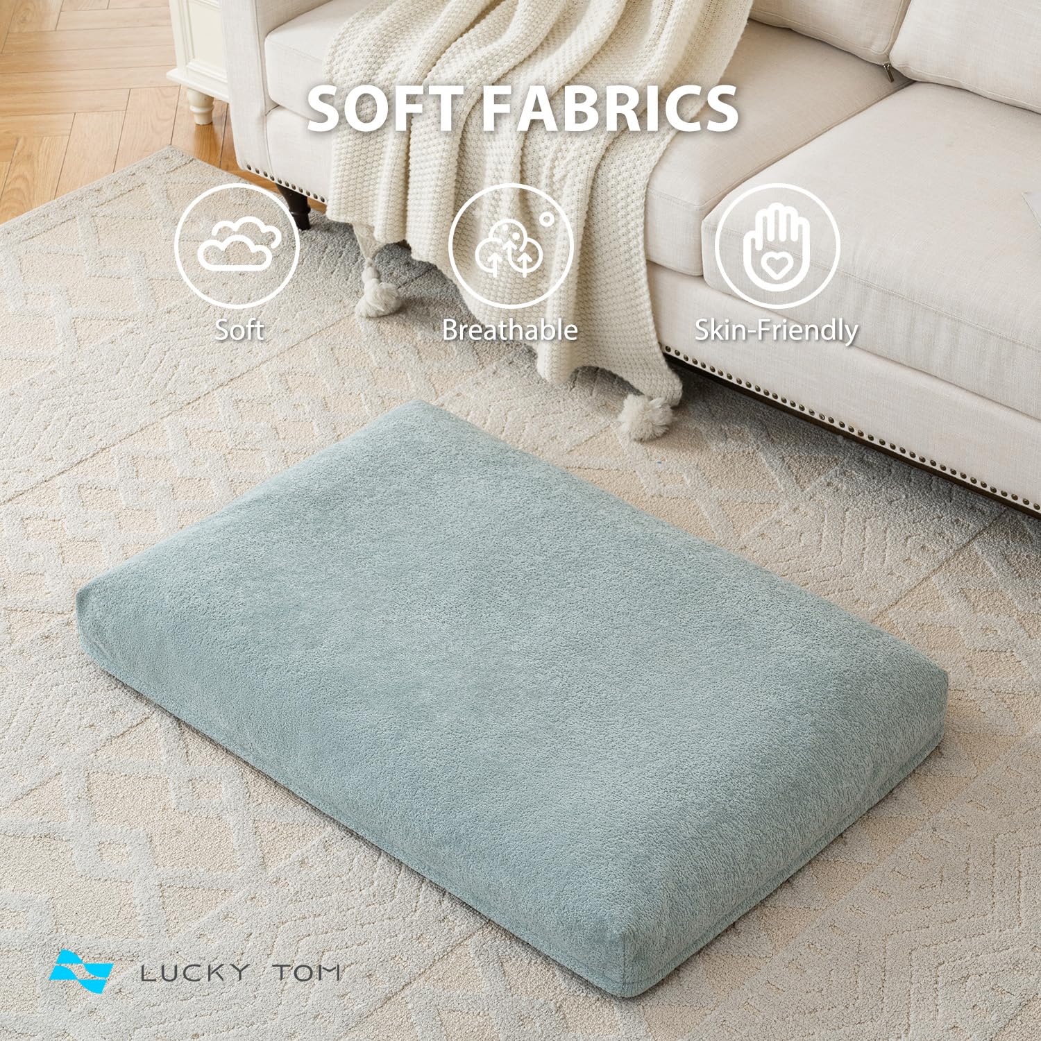 Lucky Tom bed in crate demonstrates portable cooling comfort during travel or crate time