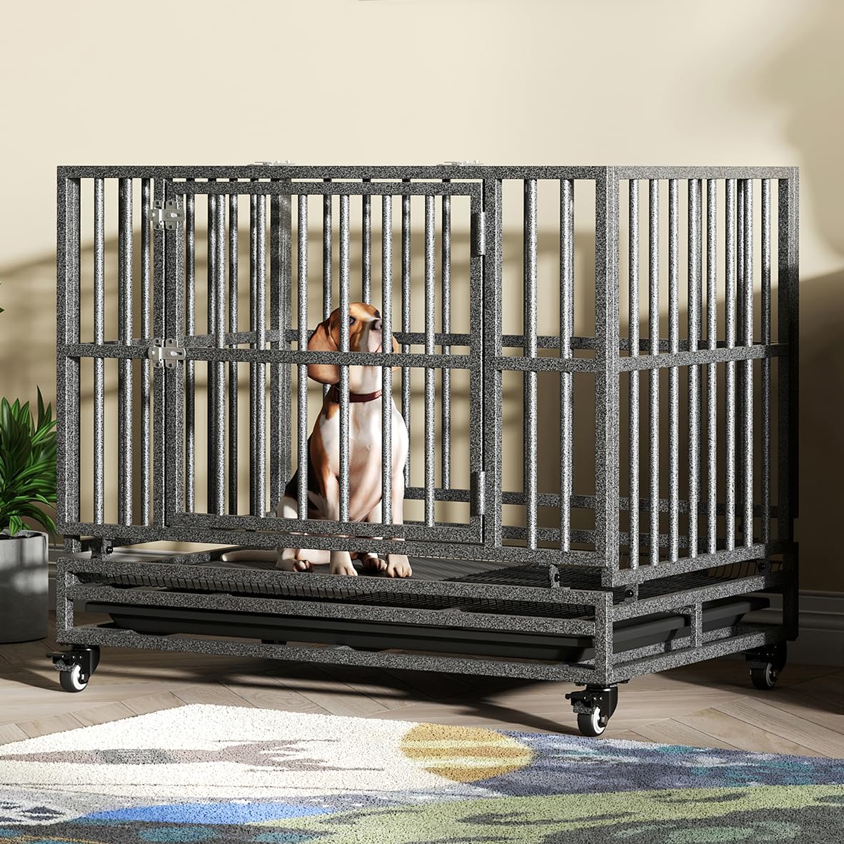 Luckyberry heavy-duty dog crate with wheels for easy transport and stability.