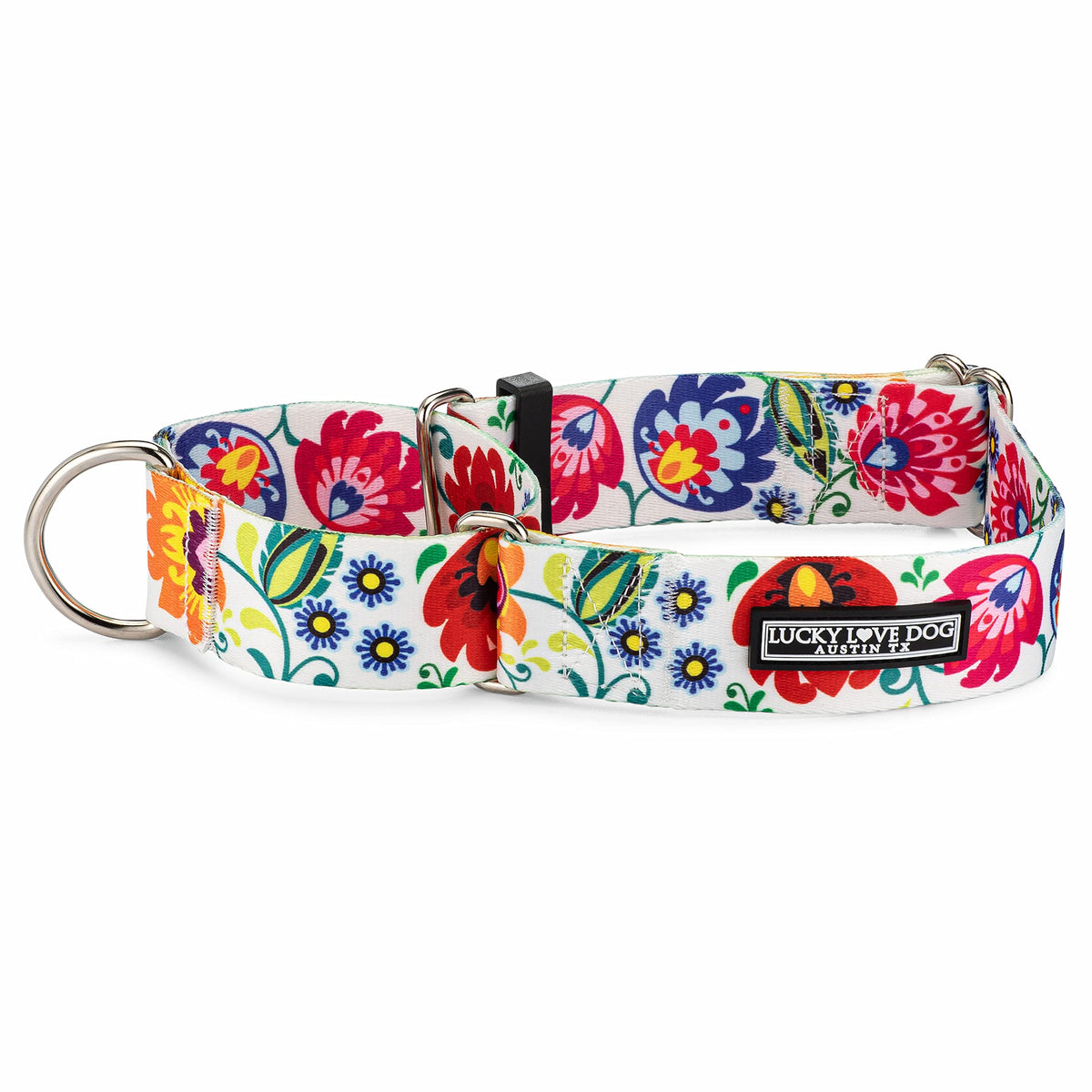 Lucky Love Dog wide martingale collar side view, secure fit for training sessions.