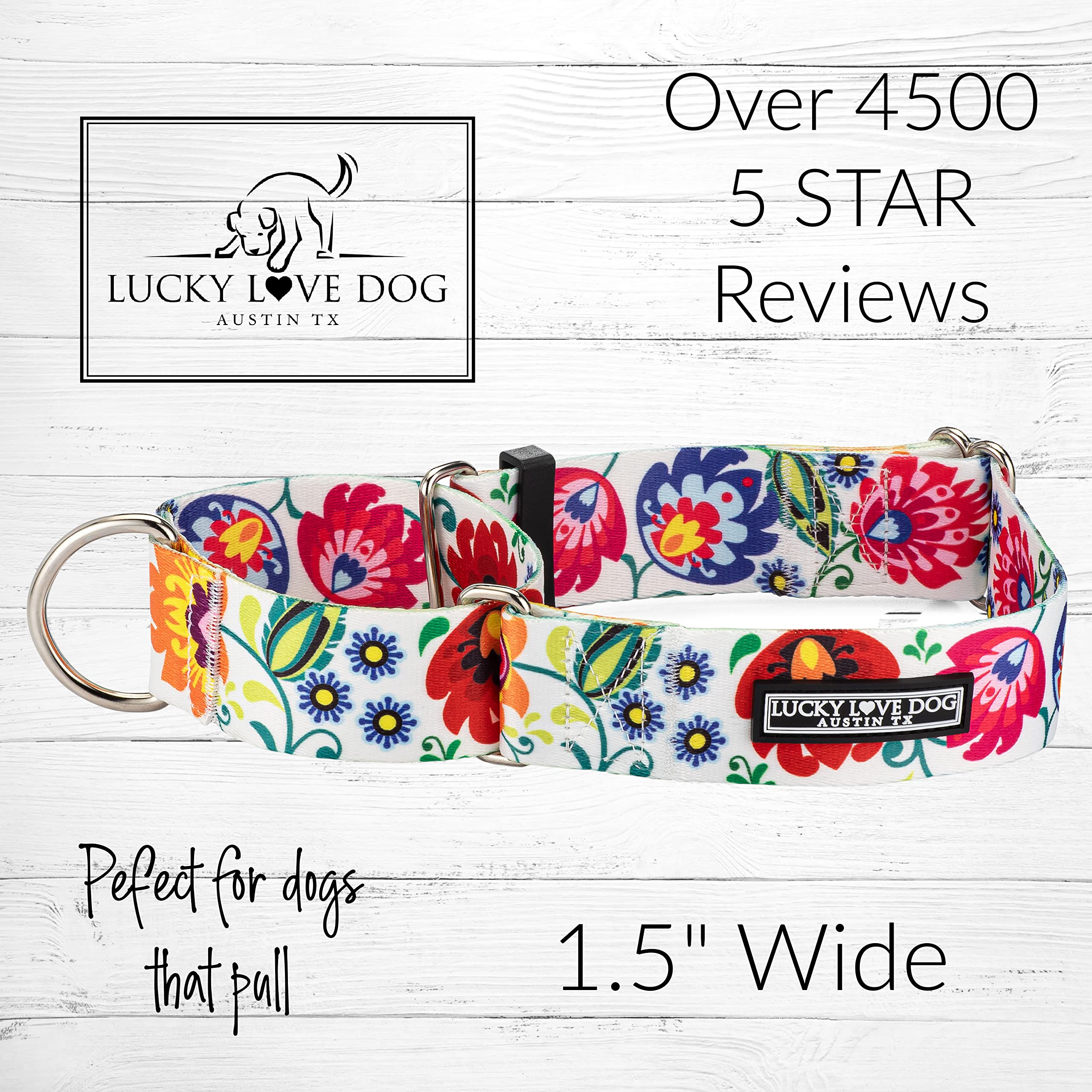 Lucky Love Dog wide martingale collar top view, soft durable webbing for daily walks.