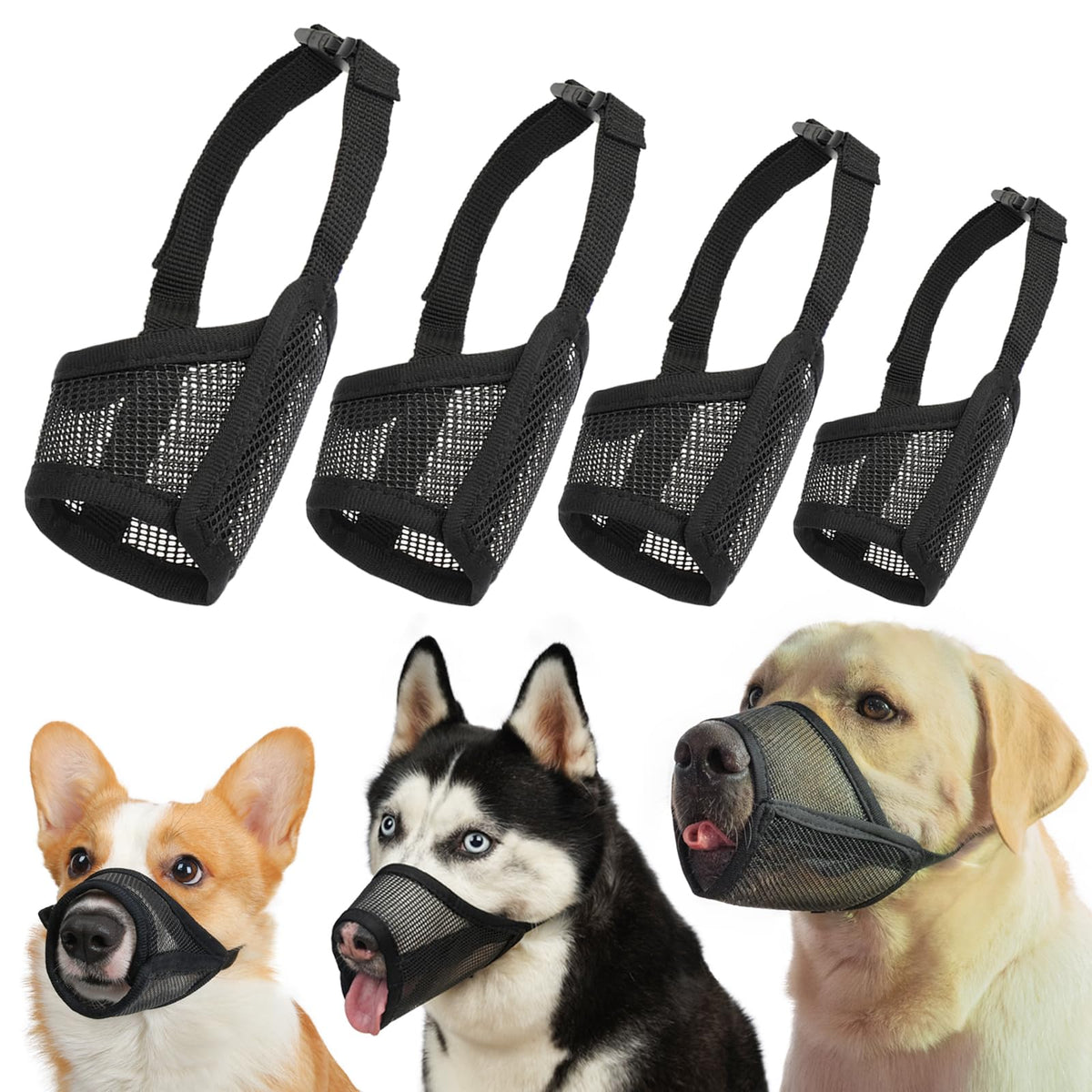 LUCKYPAW 4-piece mesh dog muzzle set ready for size selection and daily use