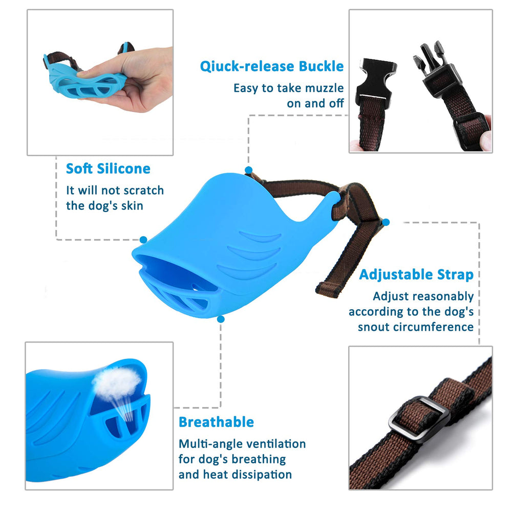 LUCKYPAW dog muzzle blue front close-up, soft silicone comfort for the snout.