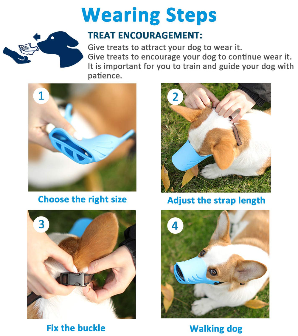 LUCKYPAW dog muzzle blue worn during walks to curb barking and chewing.
