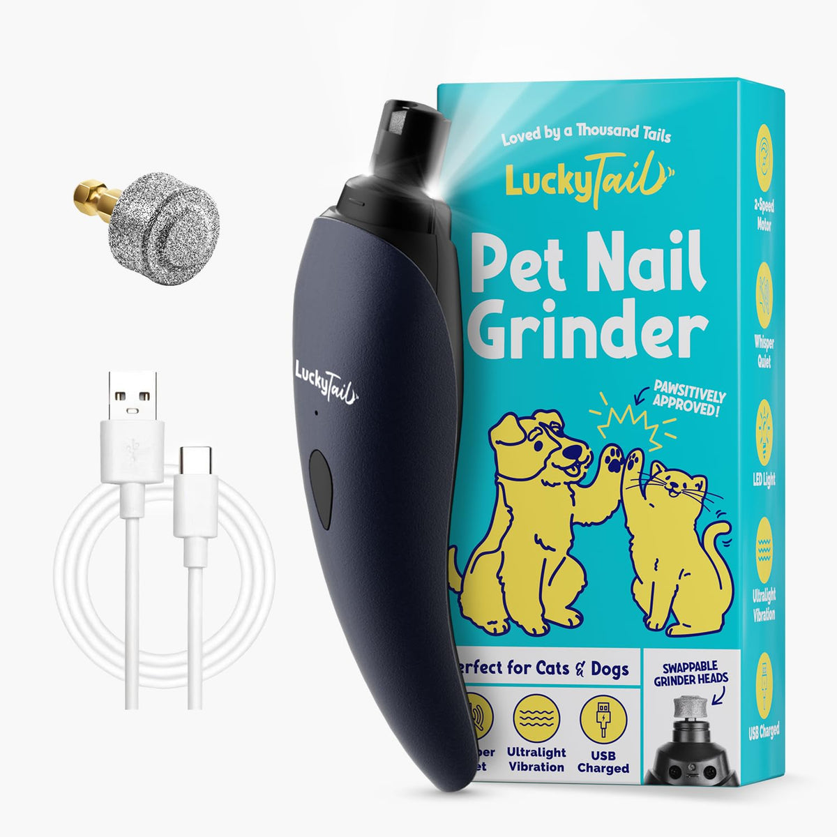 LUCKY TAIL pet nail grinder dark blue angled shot shows comfortable, easy handling.