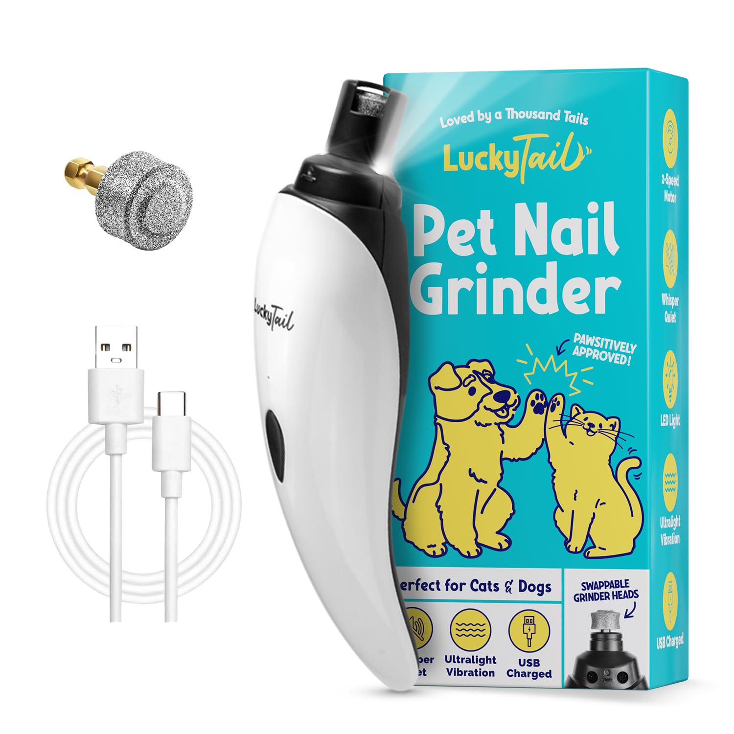 Lucky Tail pet nail grinder with quiet operation helps calm anxious dogs and cats
