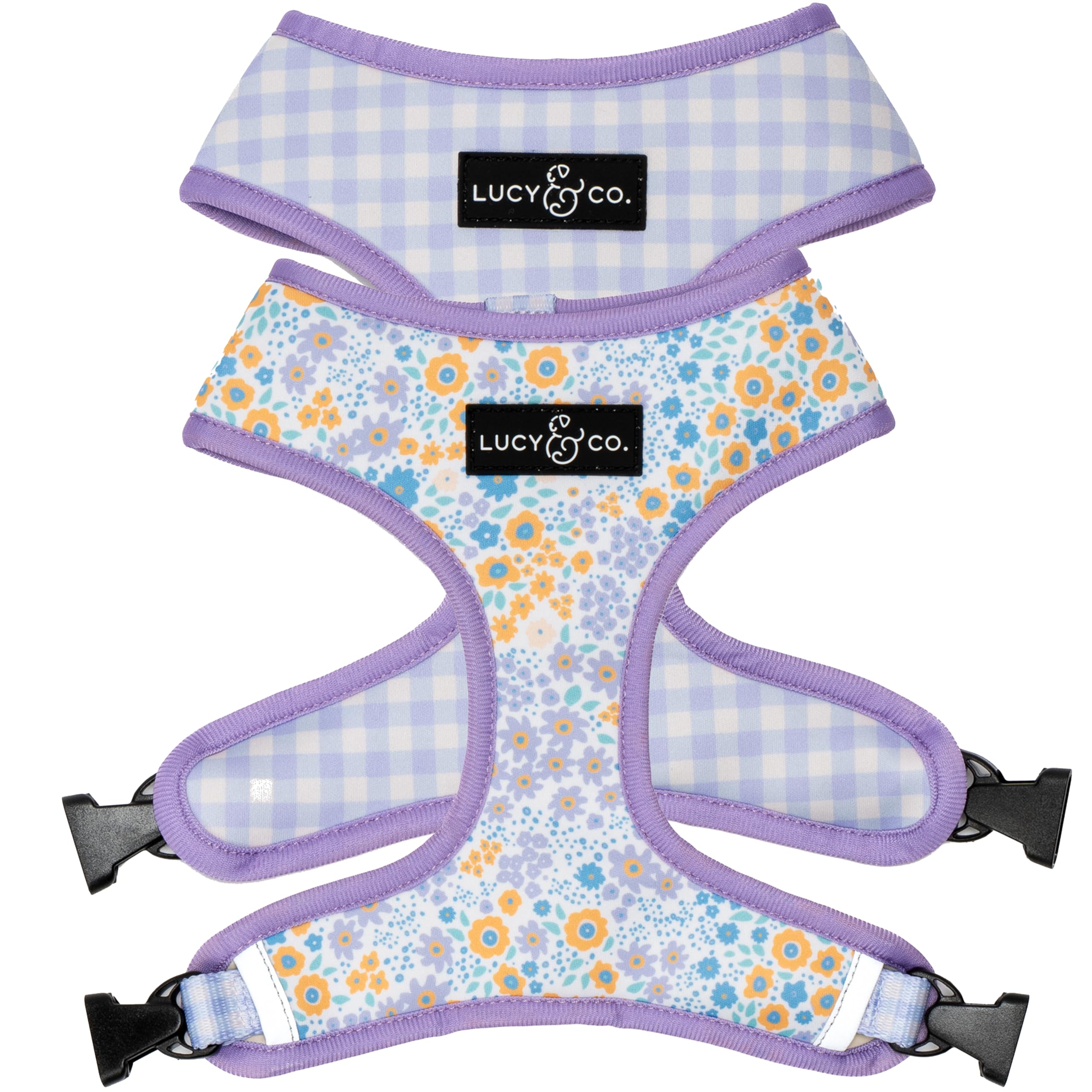 Lucy & Co reversible dog harness purple floral front view, stylish everyday walking