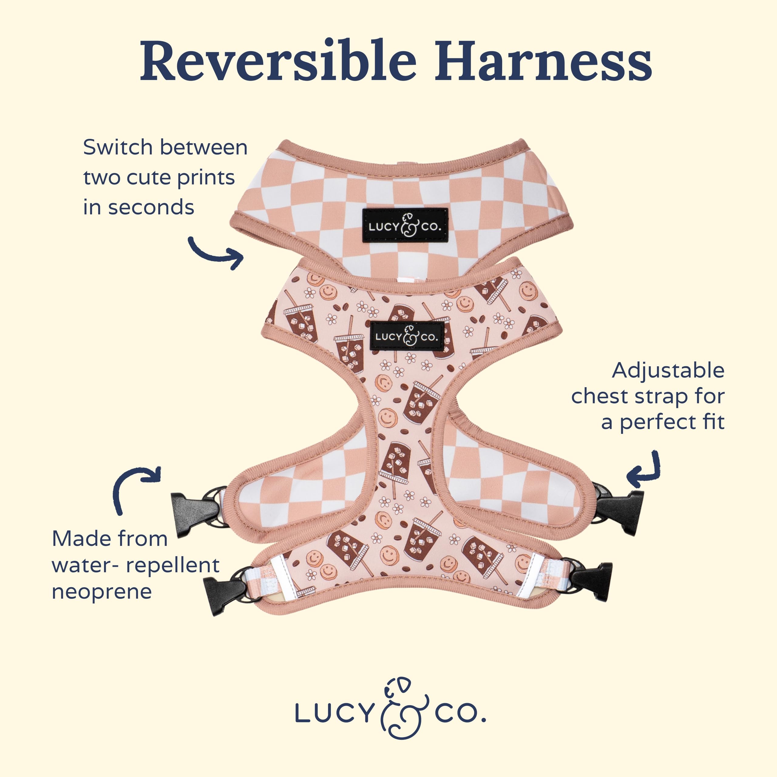 Lucy & Co. cute reversible dog harness back pattern offers two-look versatility during strolls.