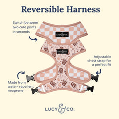 Lucy & Co. cute reversible dog harness back pattern offers two-look versatility during strolls.