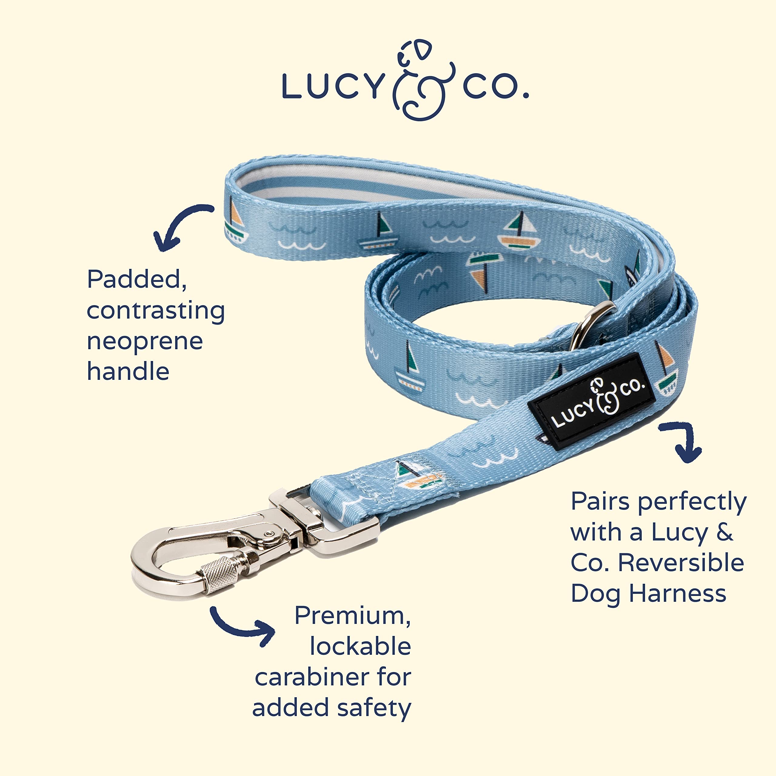 Lucy & Co. dog leash closeup with blue-white sailboat motif ideal for stylish everyday adventures