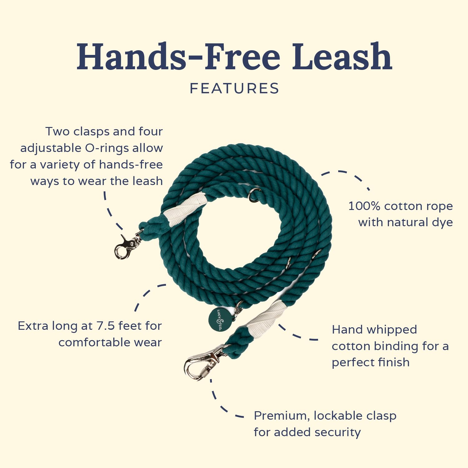 Lucy & Co Evergreen Hands-Free Leash with adjustable clasps for secure control