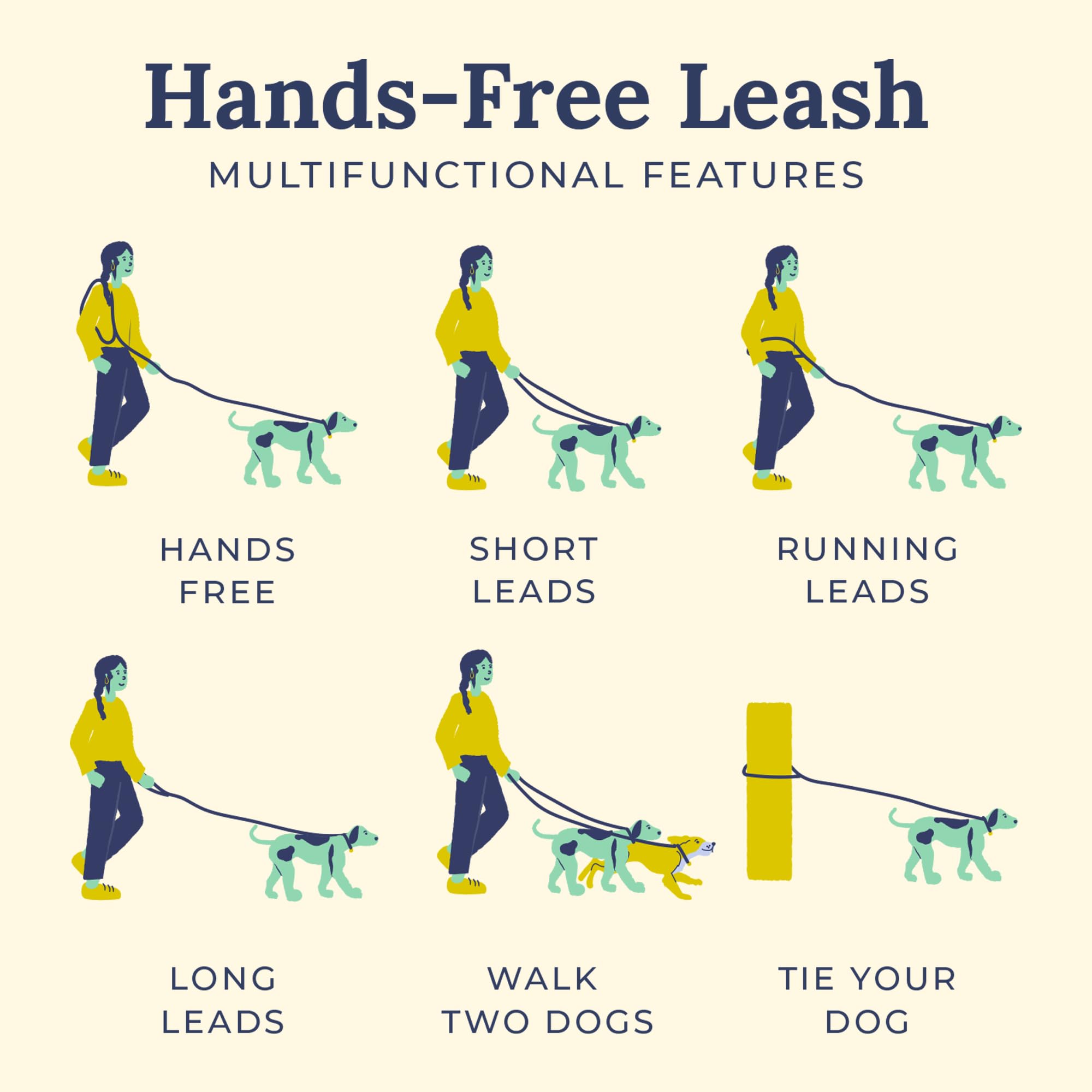Lucy & Co Evergreen Hands-Free Leash configured for walking two dogs