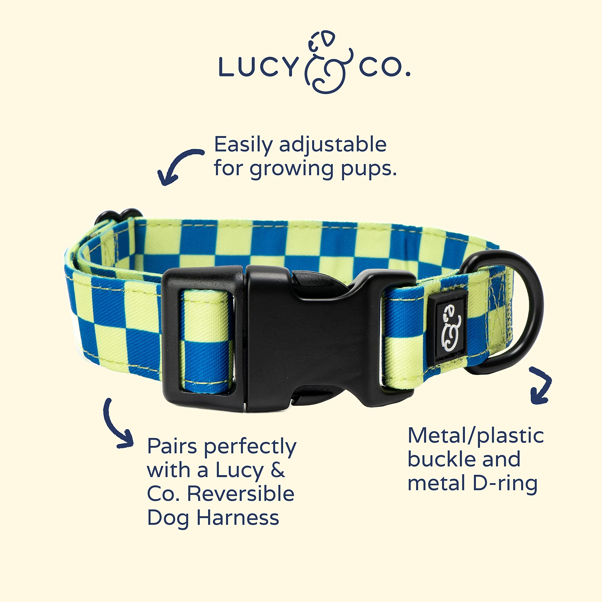 Lucy & Co Have a Nice Day dog collar in lime green blue checker offers style and comfort.