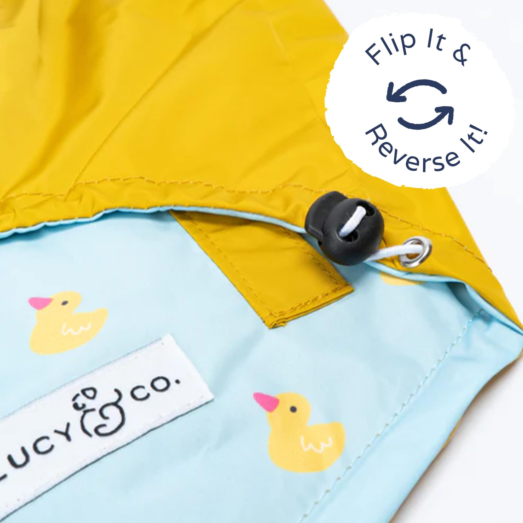 Lucy & Co. Lucky Ducky raincoat hood detail enhances ear protection in rain