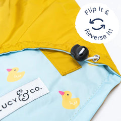 Lucy & Co. Lucky Ducky raincoat hood detail enhances ear protection in rain