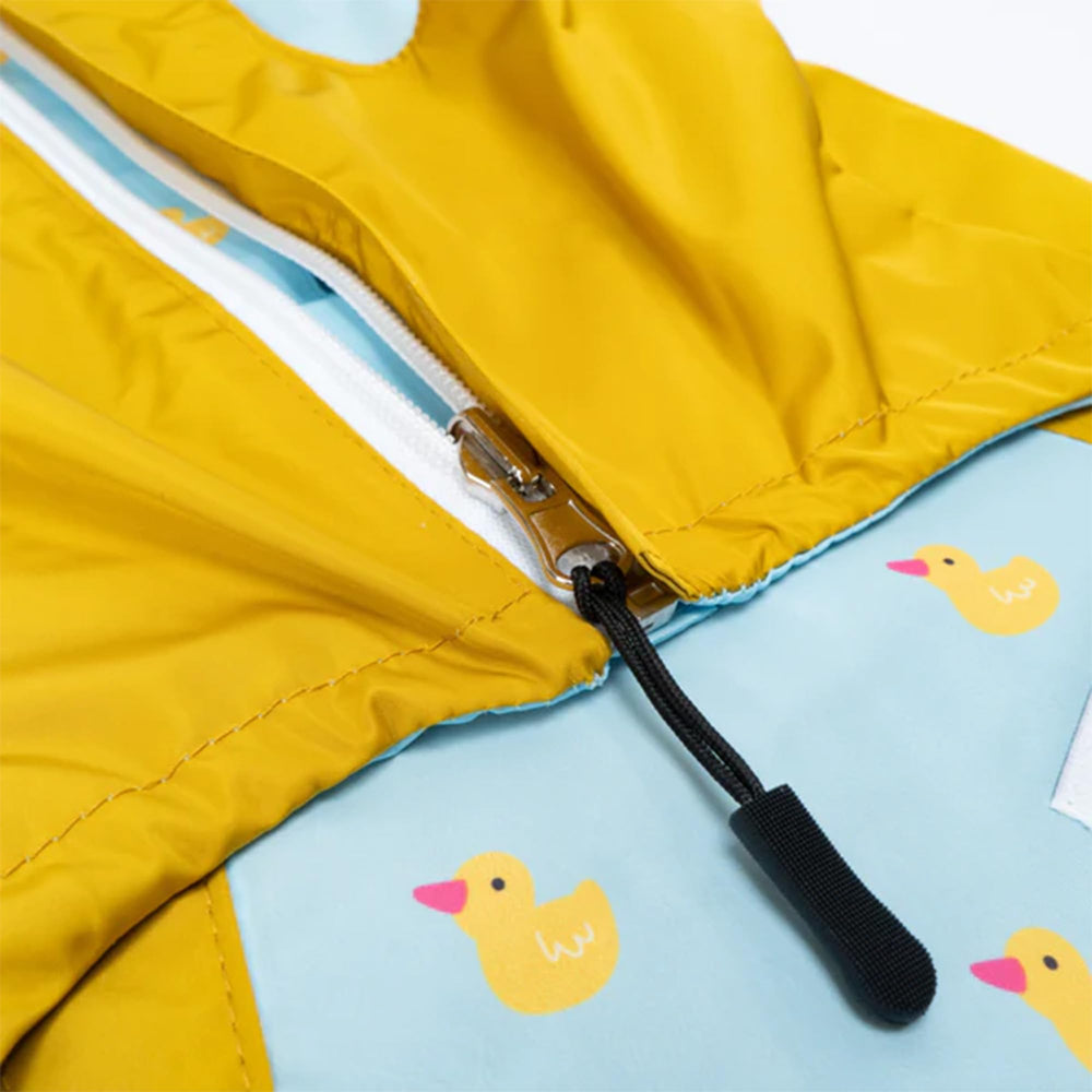 Lucy & Co. Lucky Ducky reversible raincoat side view shows dual-color option for style