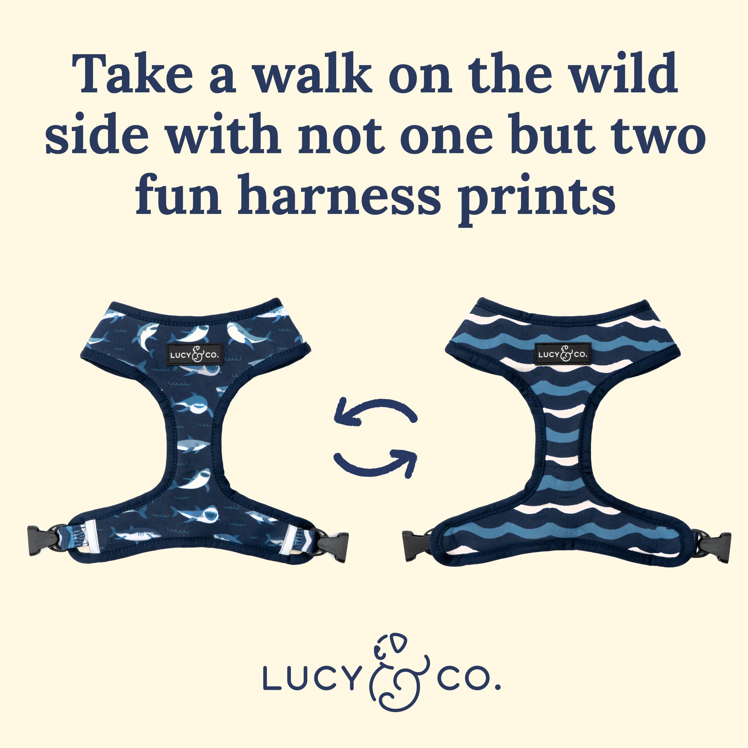 Lucy & Co reversible harness Shark Attack back view, secure and stylish design.