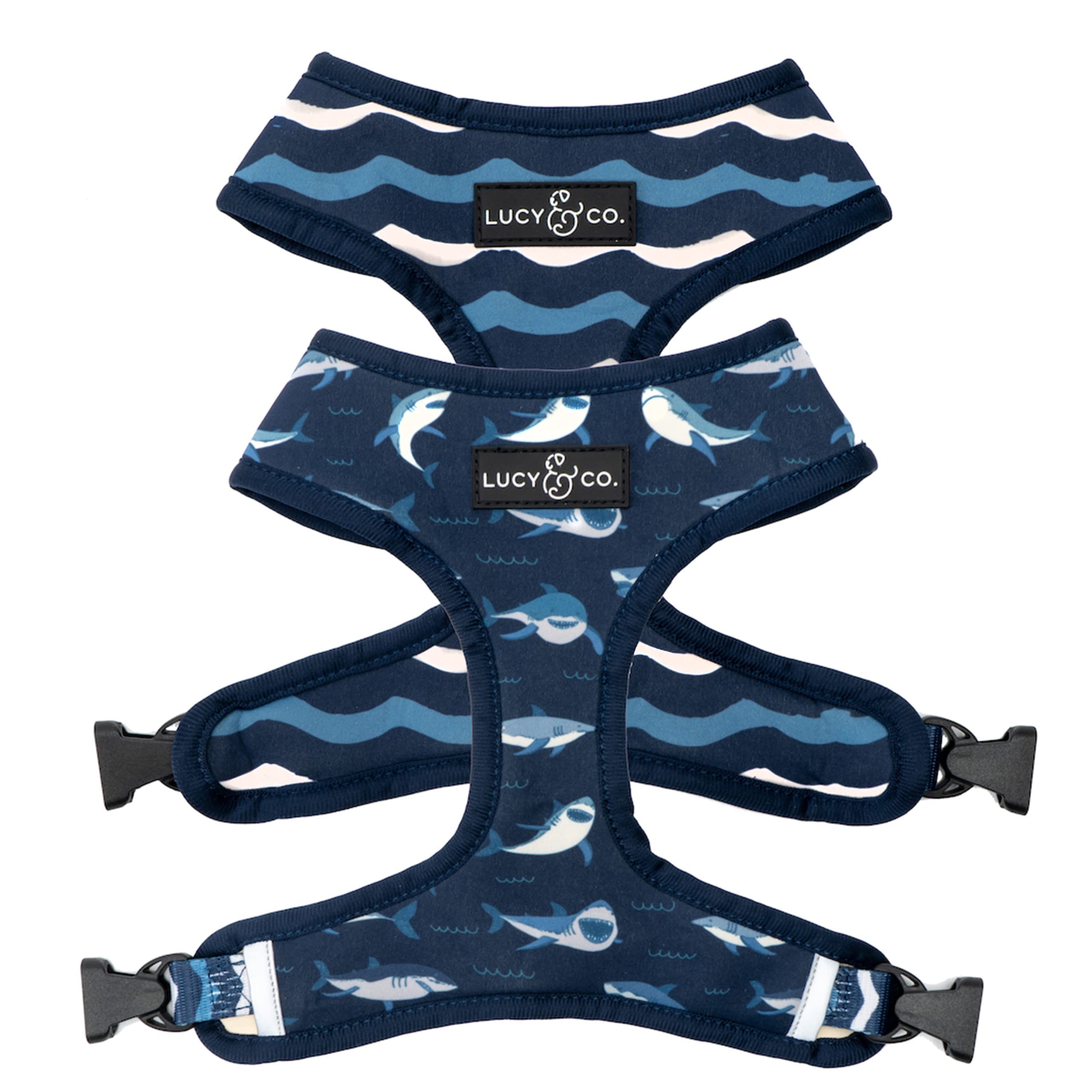 Lucy & Co reversible harness Shark Attack front view, padded for comfortable walking.