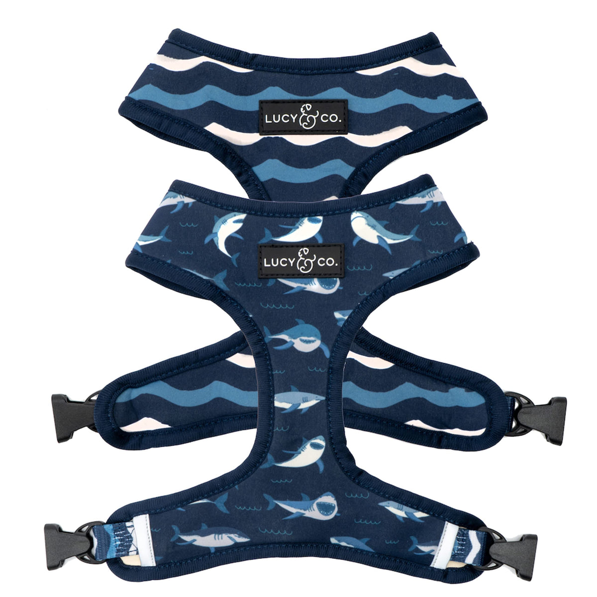 Lucy & Co reversible harness Shark Attack front view, padded for comfortable walking.