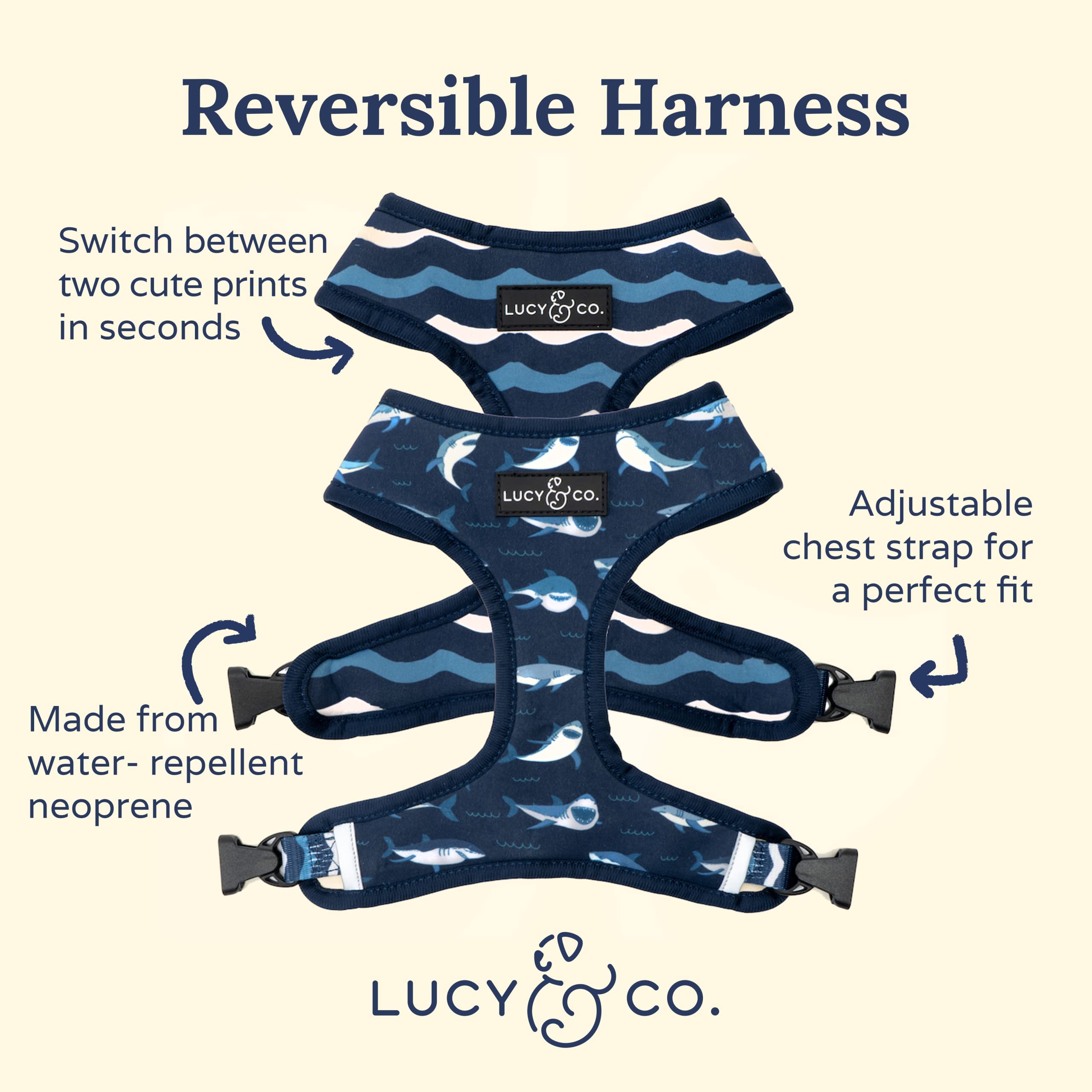 Lucy & Co reversible harness Shark Attack side view, shows sleek profile and fit.