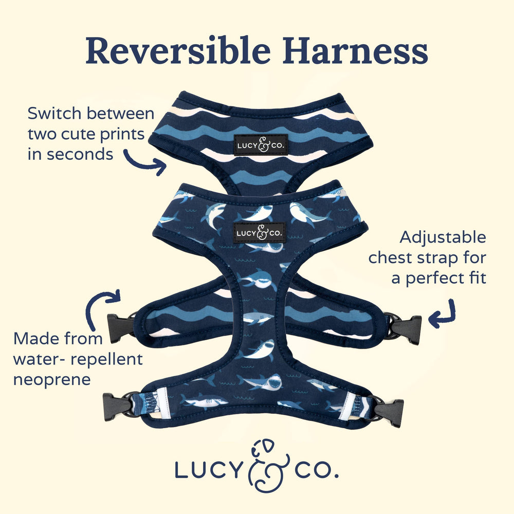 Lucy & Co reversible harness Shark Attack side view, shows sleek profile and fit.