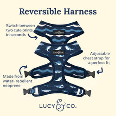 Lucy & Co reversible harness Shark Attack side view, shows sleek profile and fit.