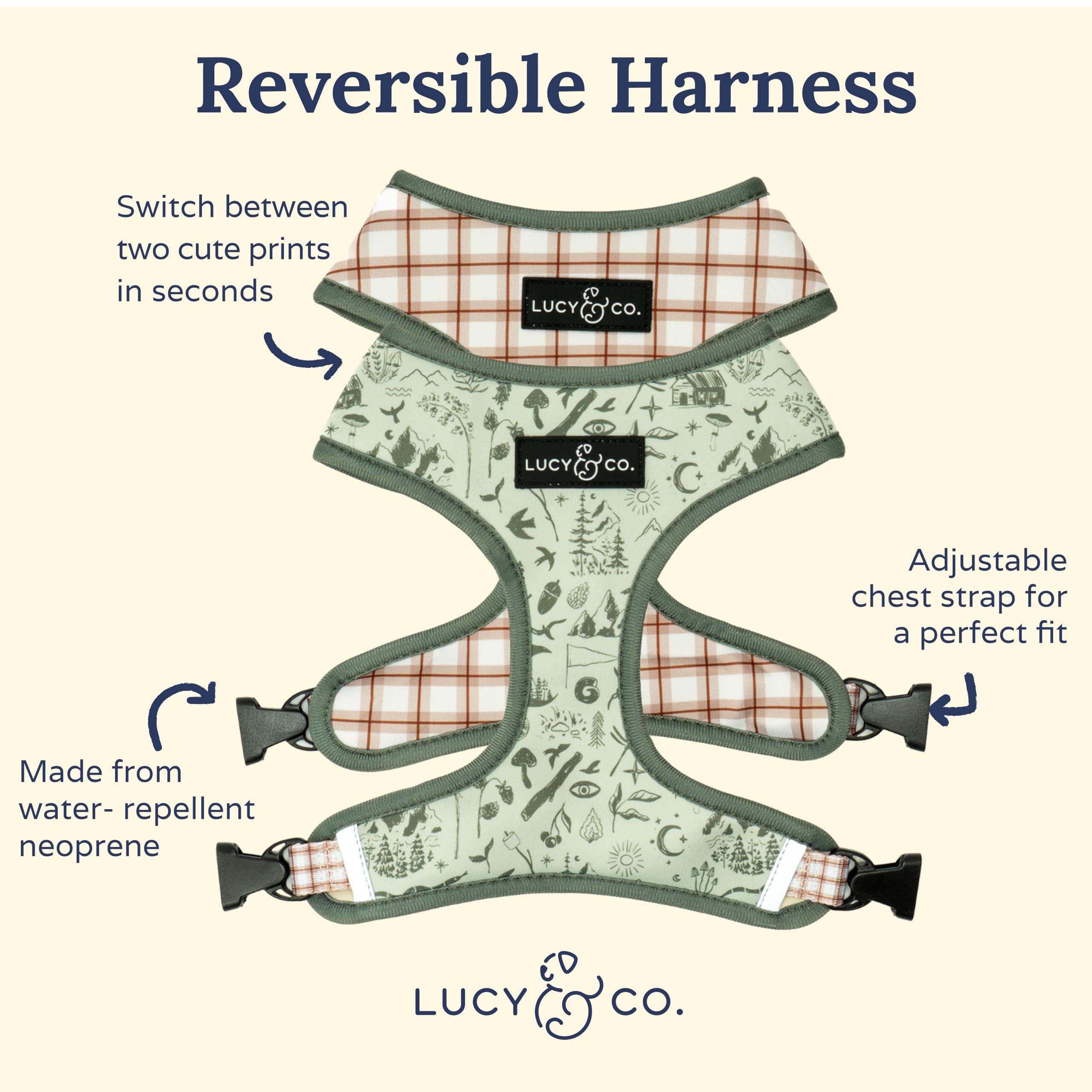 Lucy & Co two-print design in-use, reversible option for quick style switch.