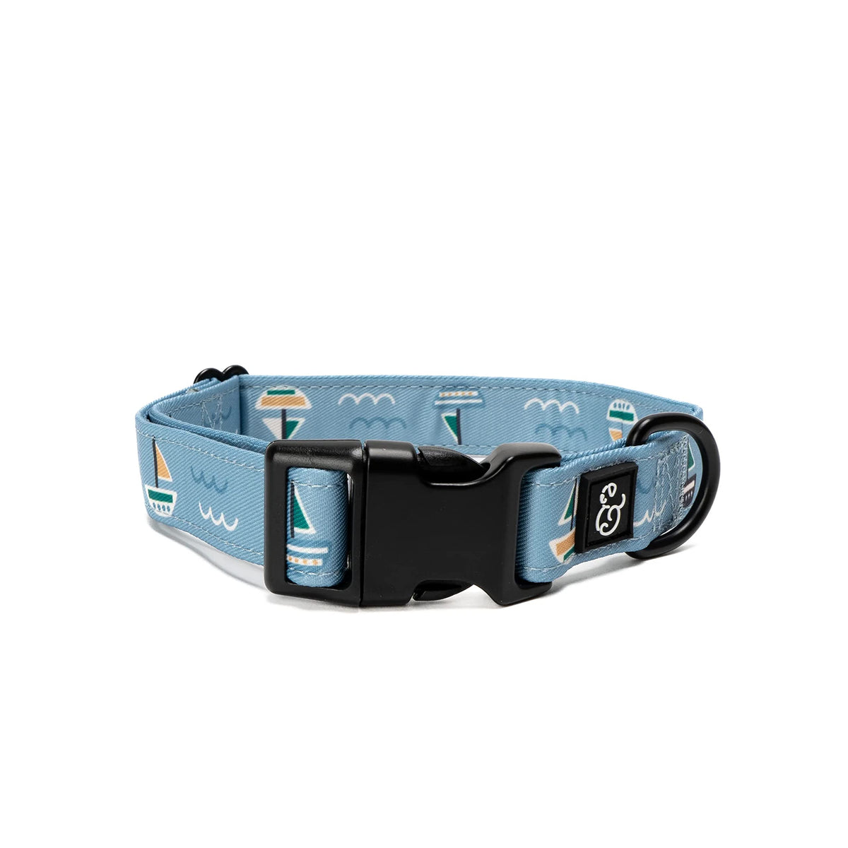 Lucy & Co. Set Sail dog collar, blue sailboats, comfortable daily wear.