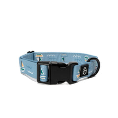 Lucy & Co. Set Sail dog collar, blue sailboats, comfortable daily wear.