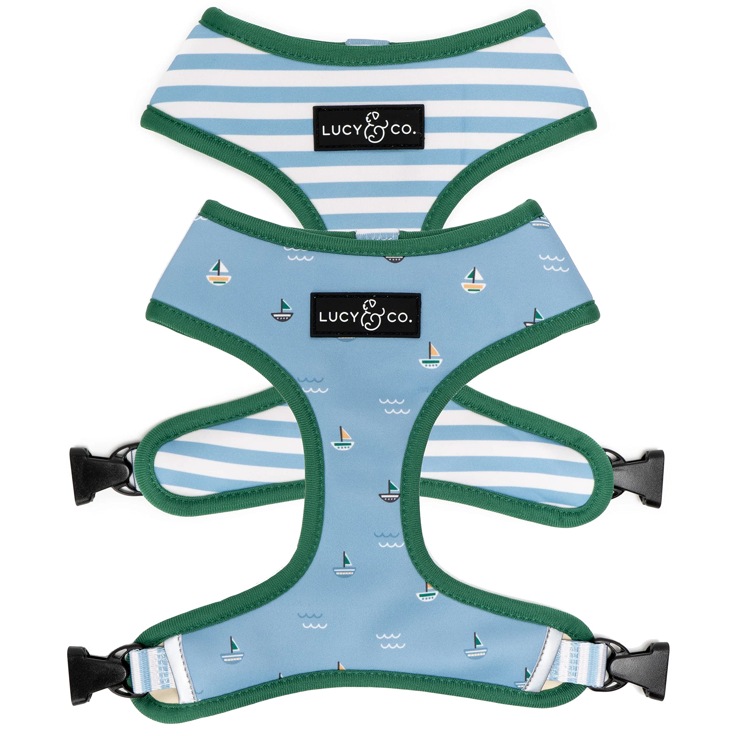 Lucy & Co Set Sail harness front view, blue sailboats design for comfortable daily walks.
