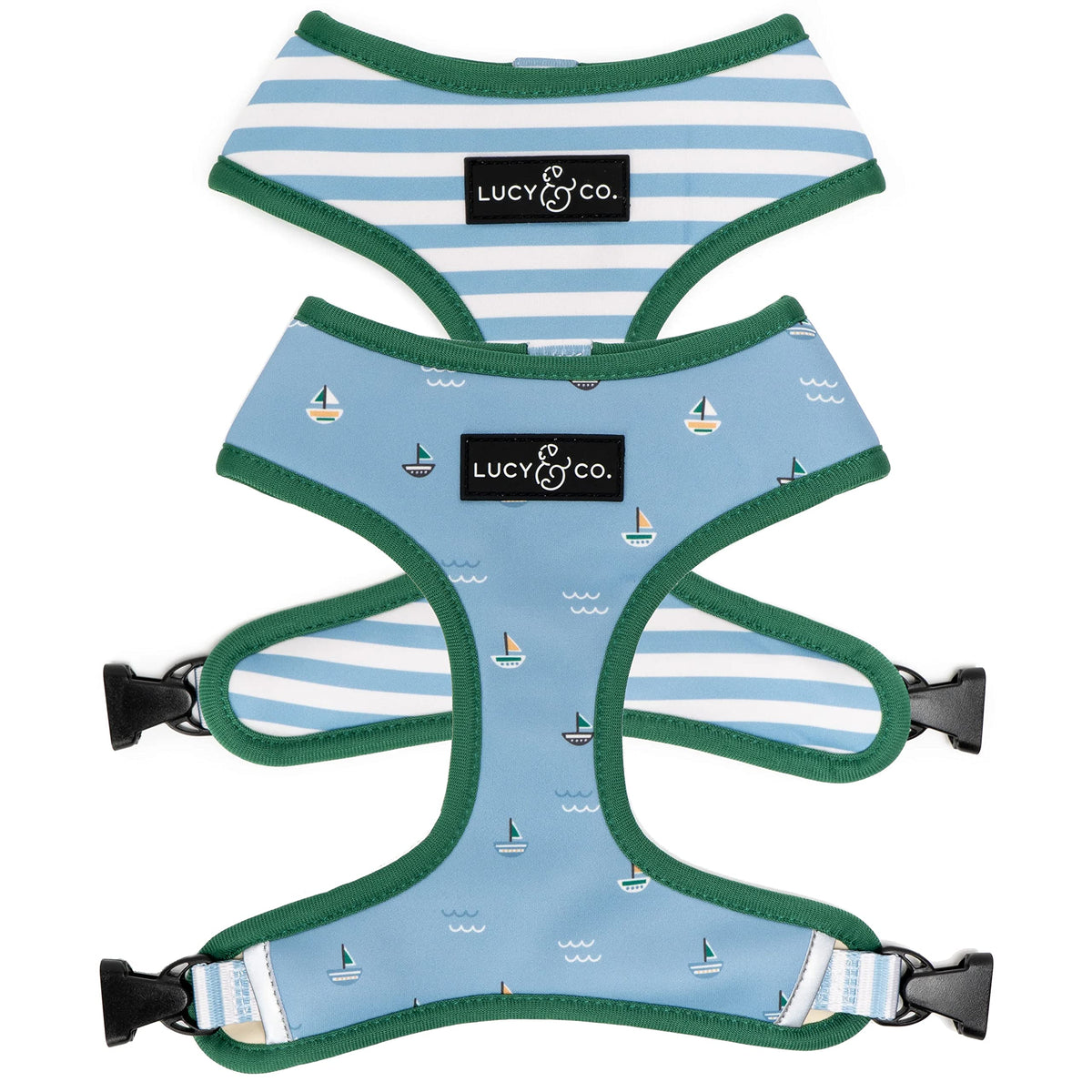 Lucy & Co Set Sail harness front view, blue sailboats design for comfortable daily walks.
