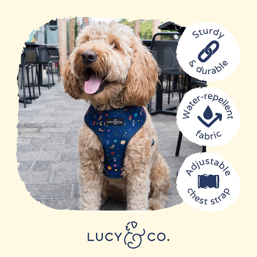 Lucy & Co Space Doodle harness adjustable straps detail shows easy on/off and size range