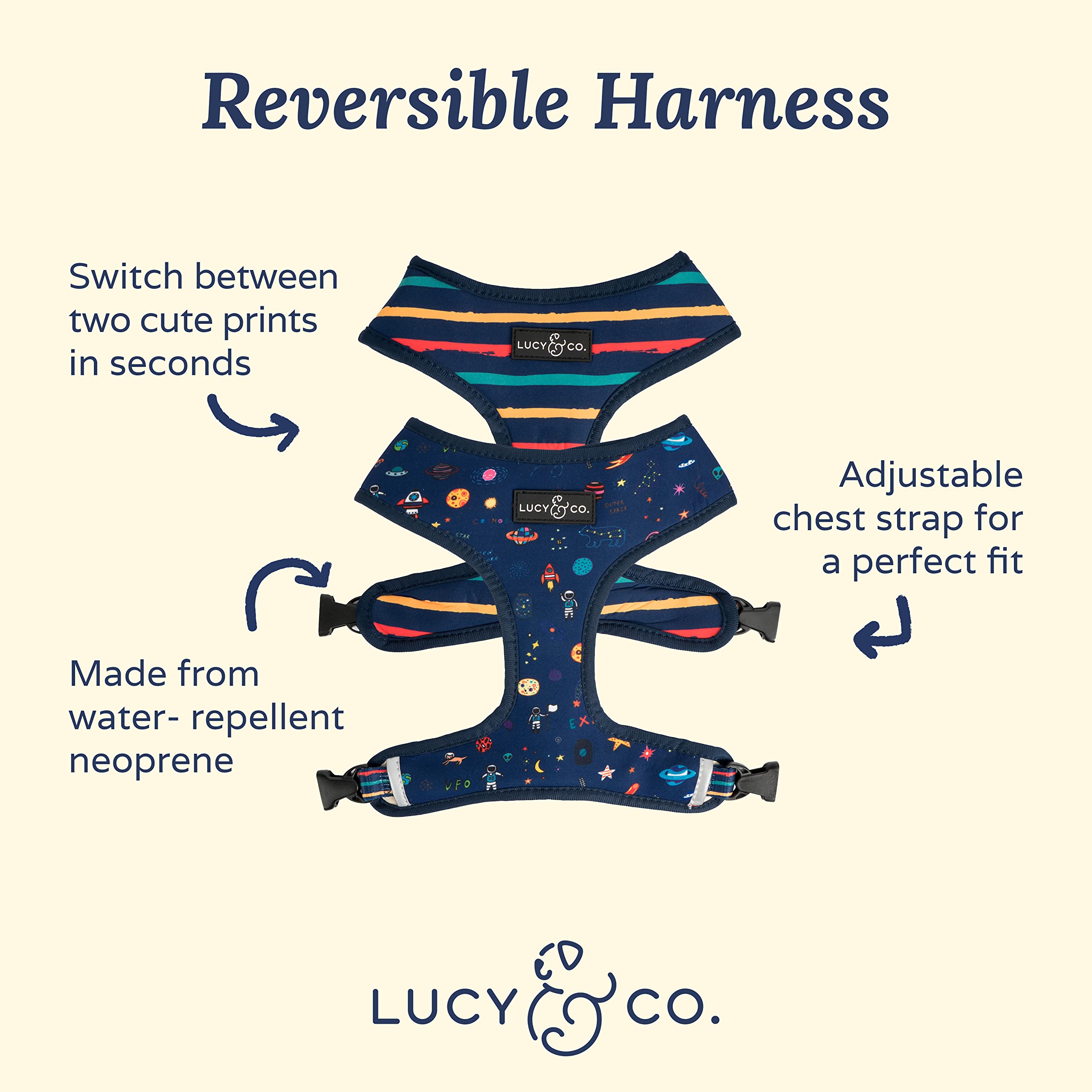 Lucy & Co Space Doodle harness back view highlighting secure strap placement for control