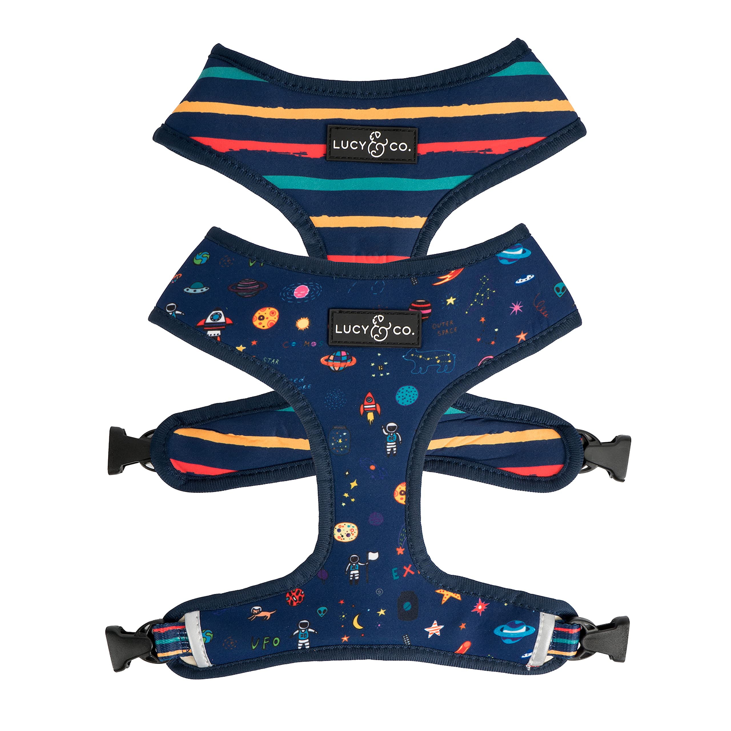Lucy & Co Space Doodle harness front view showing comfy adjustable fit for daily walks