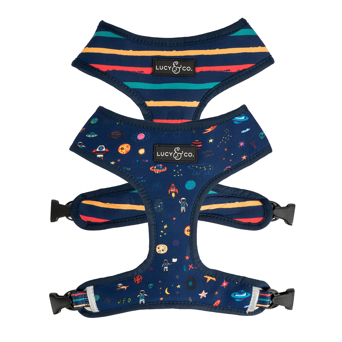 Lucy & Co Space Doodle harness front view showing comfy adjustable fit for daily walks