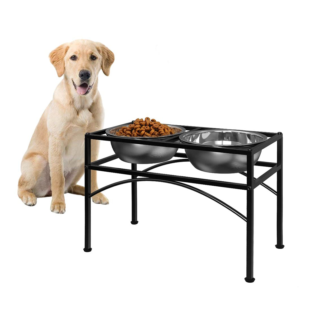 LUEXBOX dog feeder elevated setup water bowls illustrates convenient feeding and hydration station.