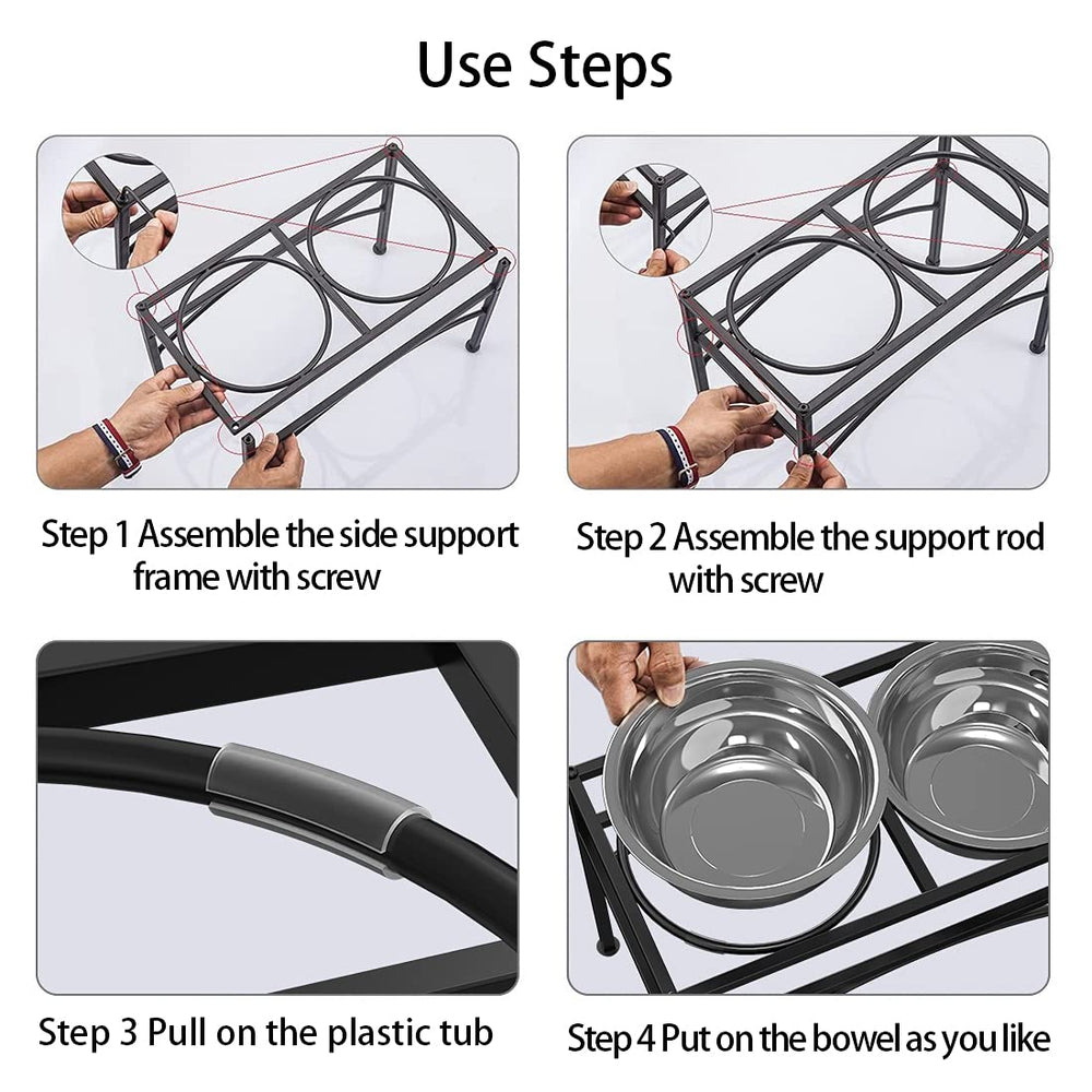 LUEXBOX elevated dog bowls stand assembly-storage image highlights easy setup and tidy storage.