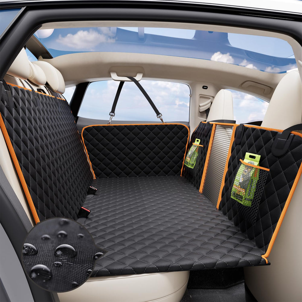 Lufebut hard bottom dog seat cover back seat setup demonstrates sturdy support for larger dogs during car travel.