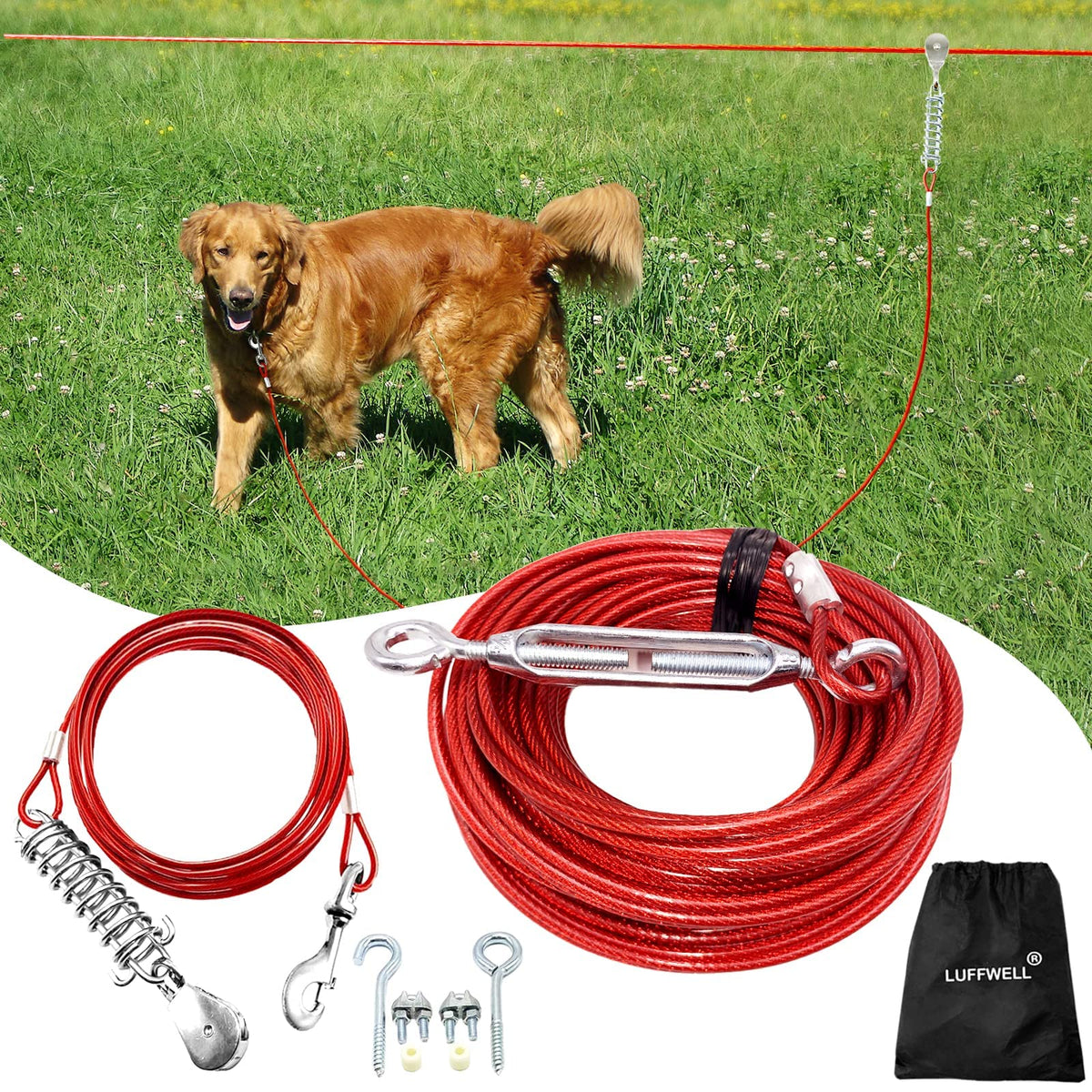 LUFFWELL dog runner main cable shows durable stainless steel construction for safe yard roaming.