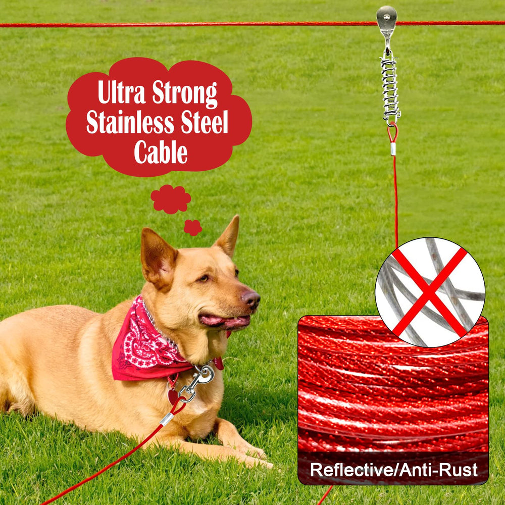 LUFFWELL dog runner cable view shows 100 ft length for expansive roaming