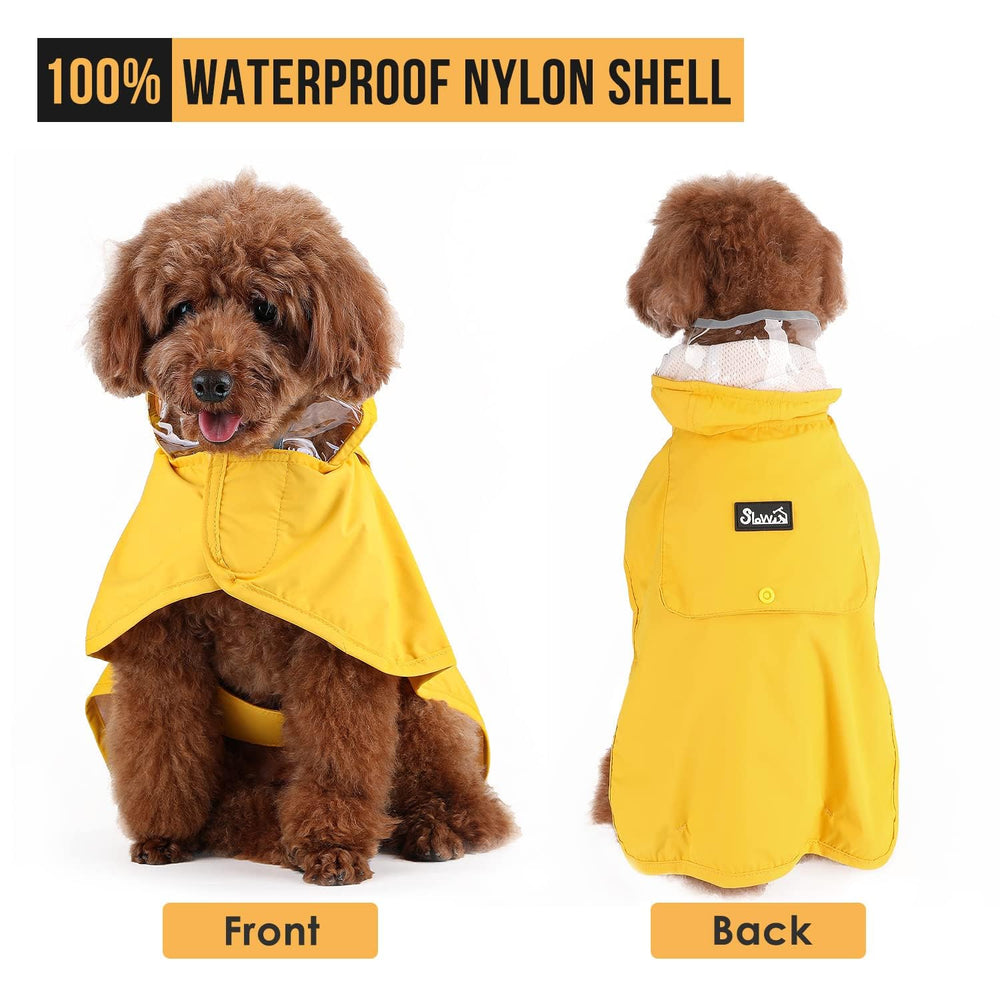 Lukovee dog raincoat on dog walking in rain illustrates everyday practicality.