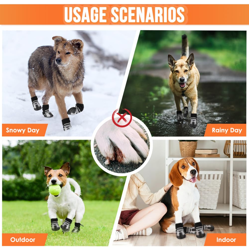 Lukovee dog shoes worn by a dog walking through snowy ground