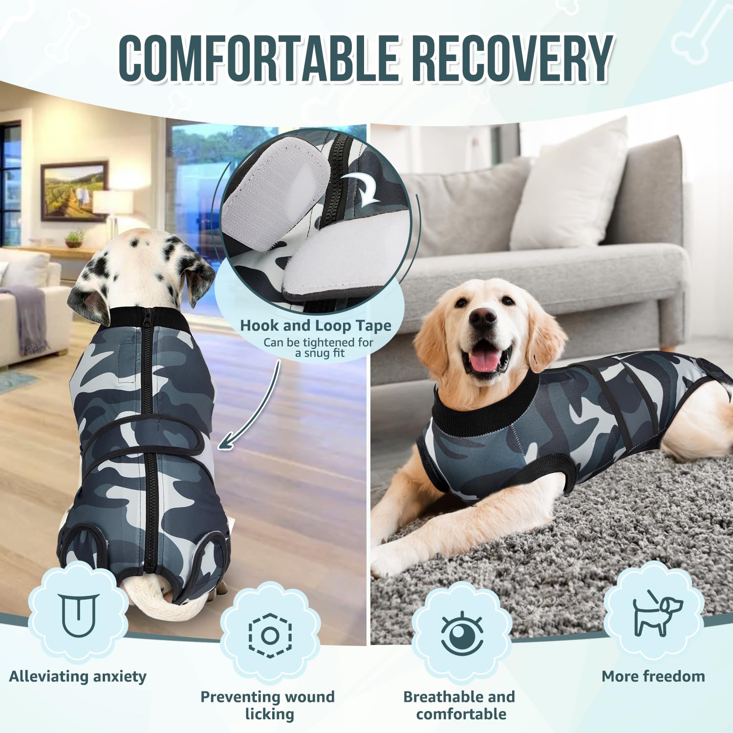 Lukovee Recovery Suit dog resting comfortably wearing the suit.