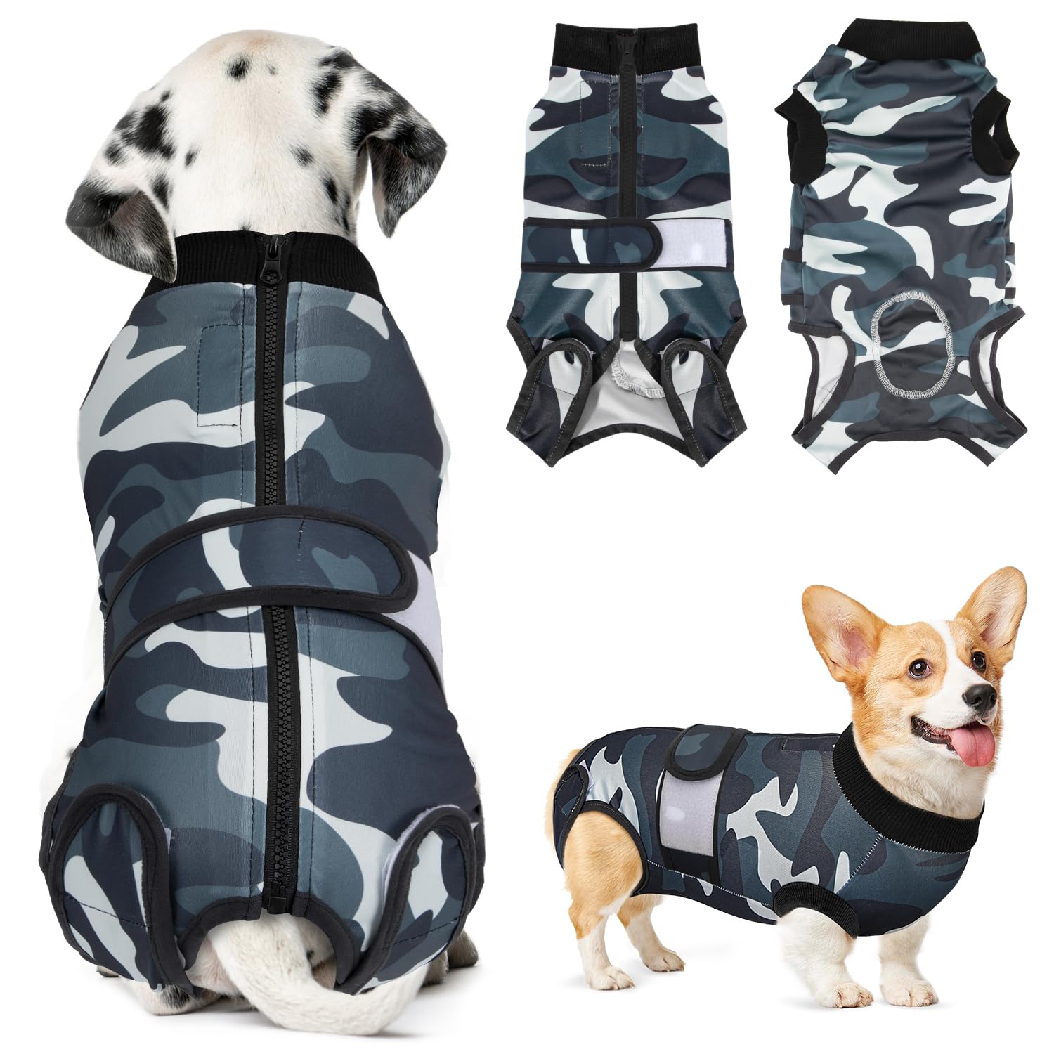 Lukovee Recovery Suit dog wearing camouflage XL for post-surgery comfort.