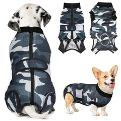 Lukovee Recovery Suit dog wearing camouflage XL for post-surgery comfort.