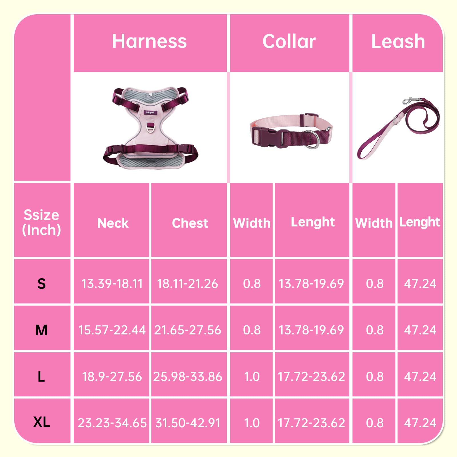 LULUPET no-pull harness pink small, adjustable straps for perfect fit