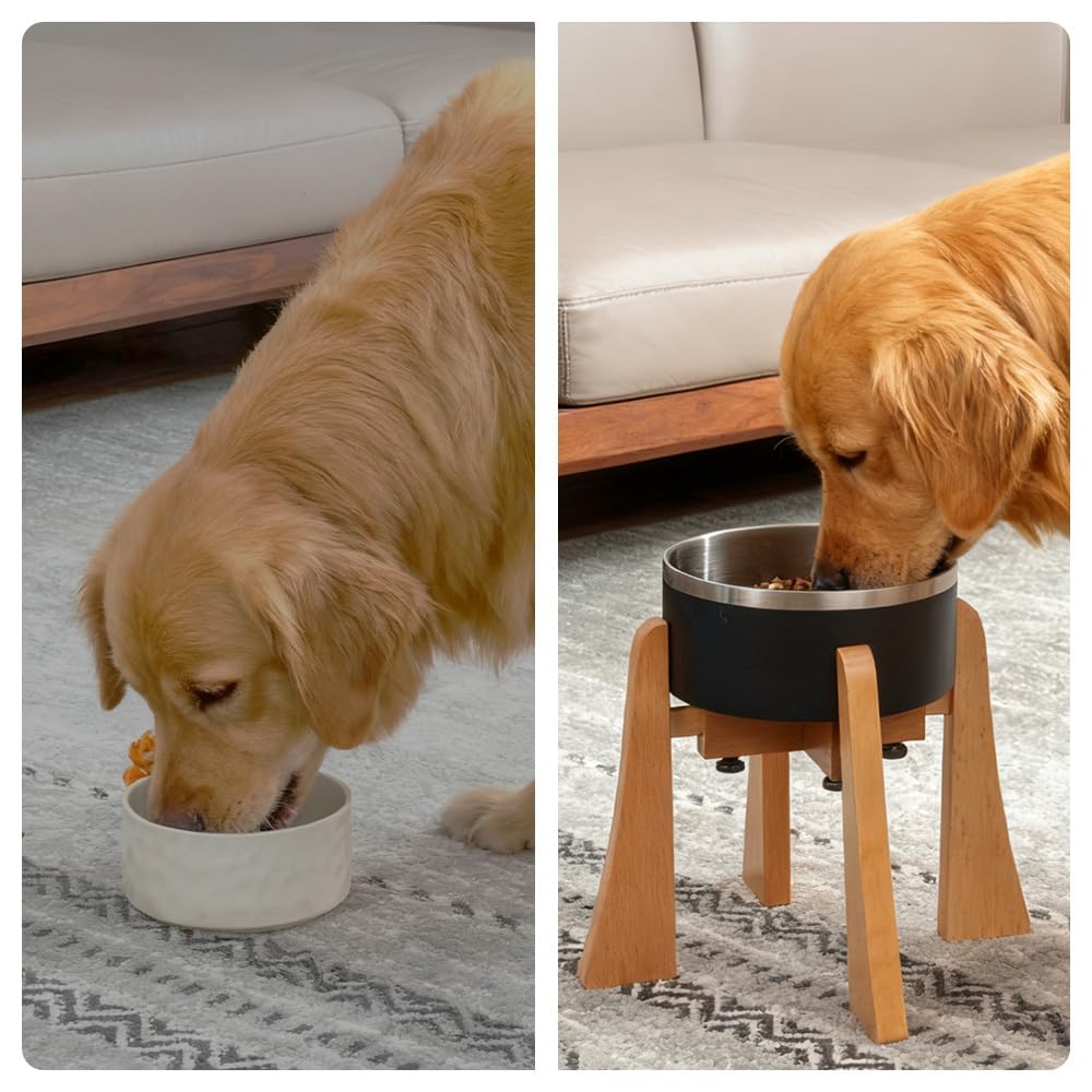 LuLuwood Beech dog bowl stand adjustable height demonstrates ergonomic eating position