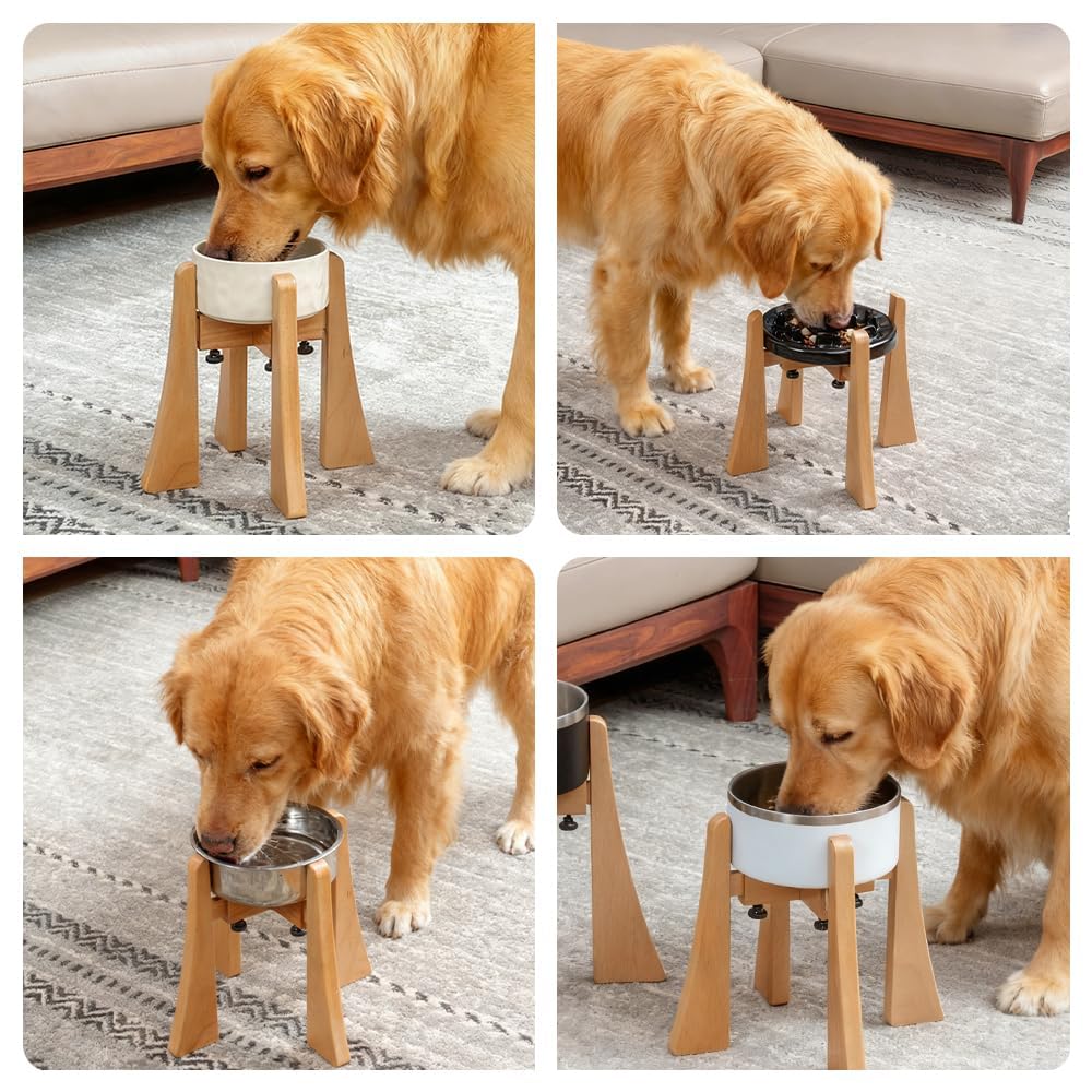 LuLuwood Beech dog bowl stand placed in home dining area complements decor